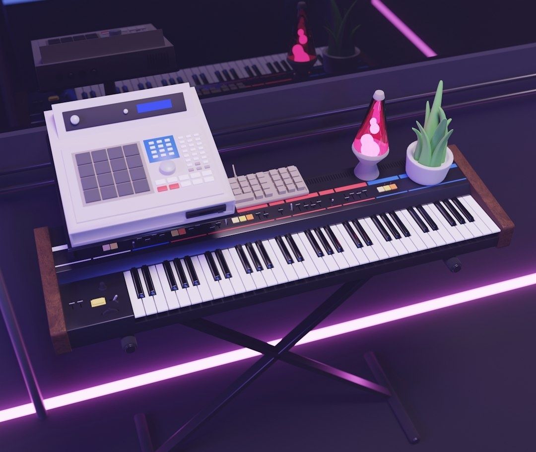 Retroinspirerad synthrigg med klaviatur, trummaskin och neonljus